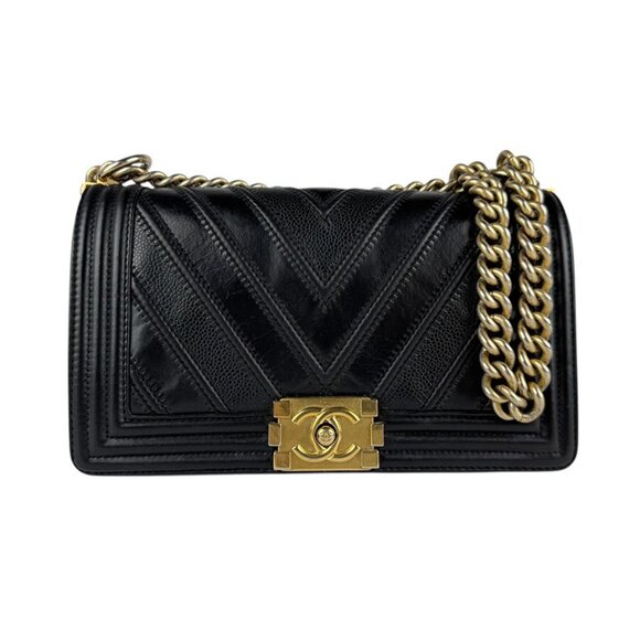 Auth CHANEL Boy Bag Chain Shoulder Bag Black/Gold Leather/Metal - Picture 1 of 13